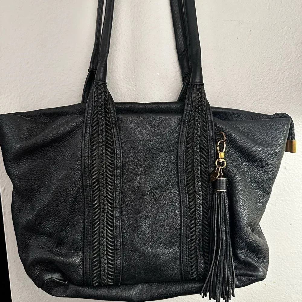 THE Sak Collective Sienna Leather Black Medium Shopper Satchel Bag EUC